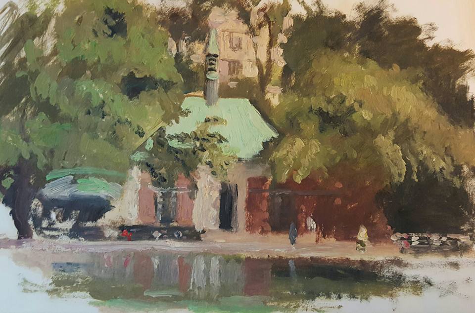 painting of the boat house in central park